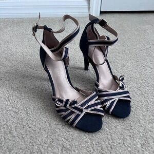 Kelly & Katie Navy Blue‎ Nautical Ribbon Bow Strappy Heeled Sandals Women 8.5M